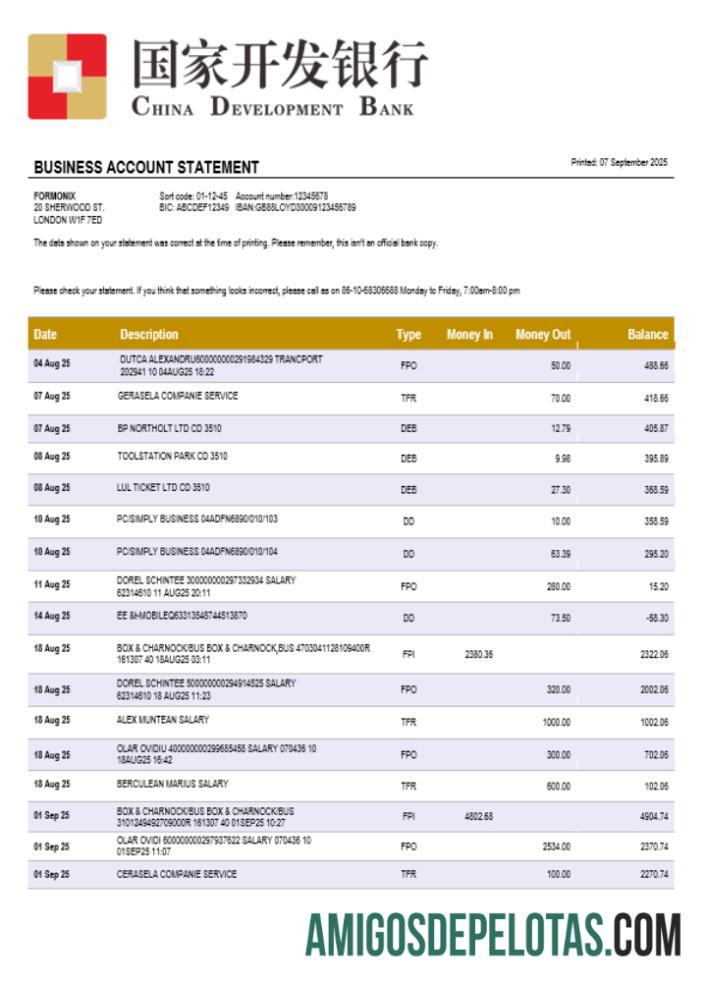 Exemplo de extrato comercial de conta bancária de desenvolvimento chinês em formato Word e PDF